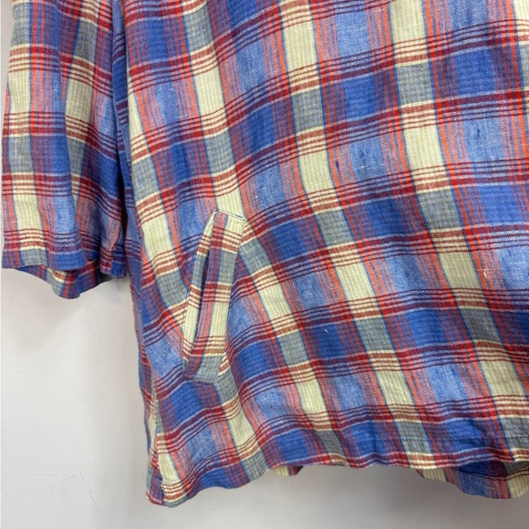 Flax Size Small Swing Tunic Top Blue Orange Plaid 100% Linen Back Button Design - Picture 4 of 8